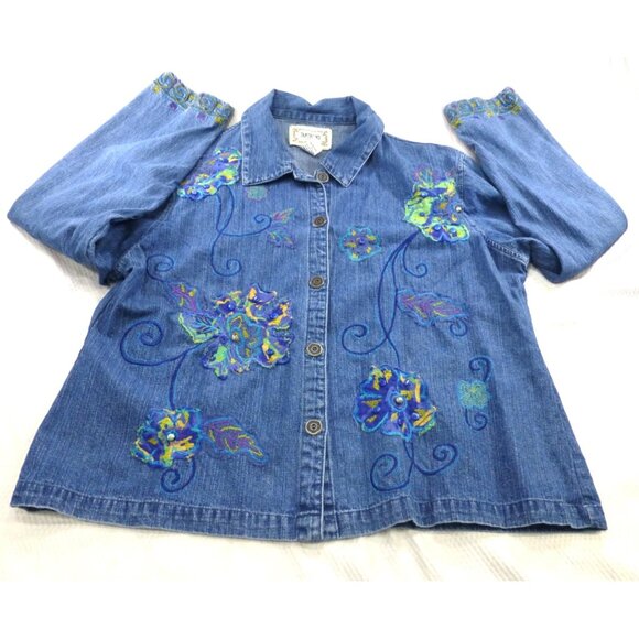 Tantrums Jackets & Blazers - VTG Tantrums Womens Embroidered Denim Jacket XL Button-Up Floral Design